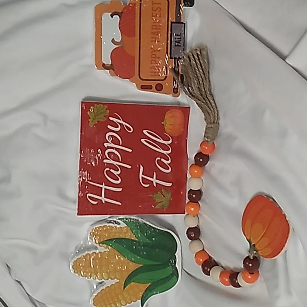 4 Fall Thanksgiving Wooden Decor. Sign, Corn, Truck & Beaded, Still in p…